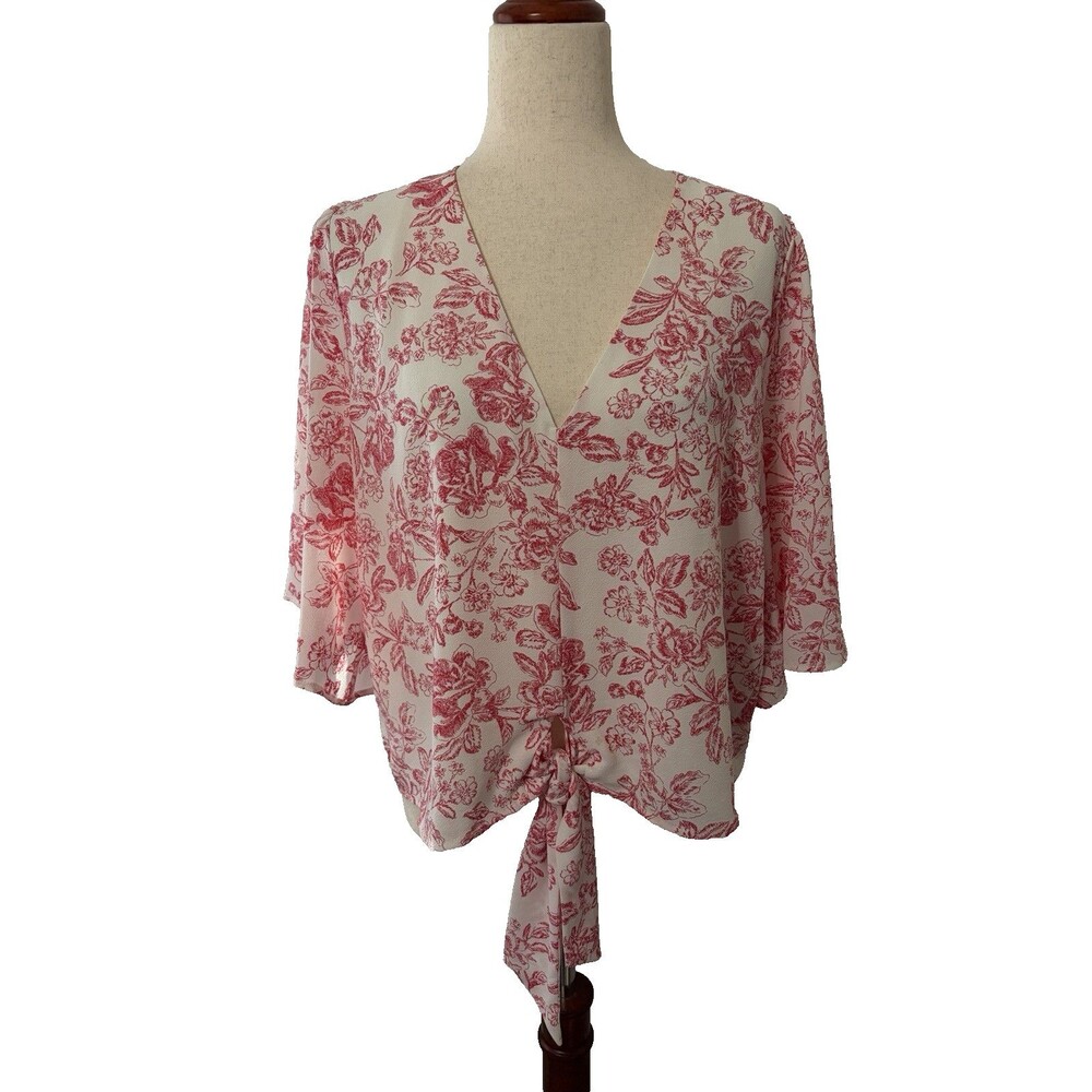 1.State Womens XL Pink White Floral Blouse V-Neck Tie Front Cottagecore Feminine